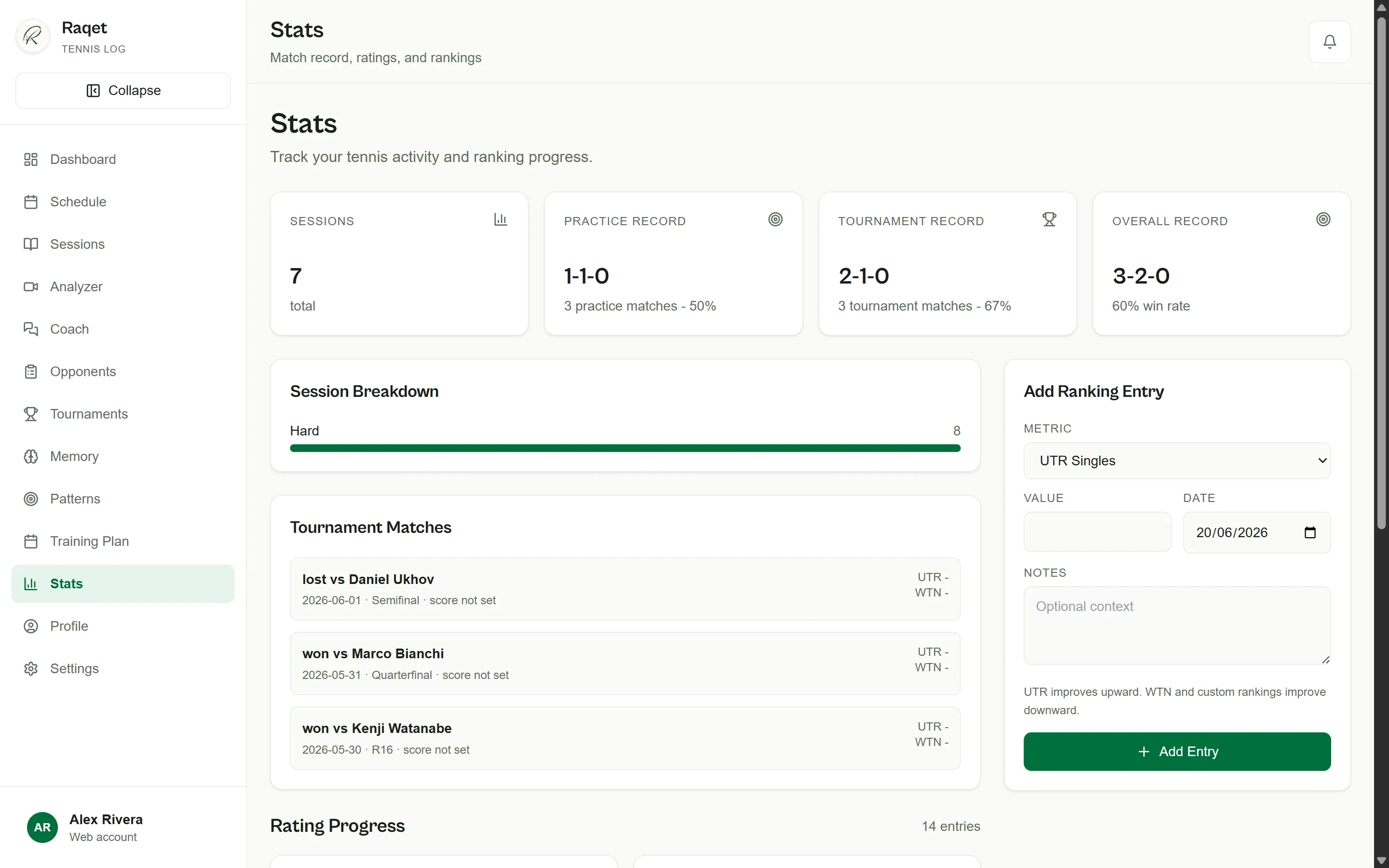 Raqet match record and stats